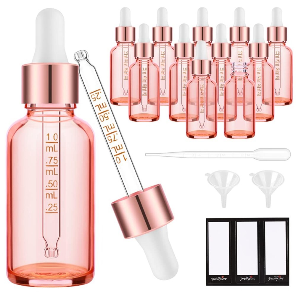 PrettyCare Glass Eye Dropper Bottles 2oz (60ml), 12 Pcs Empty Thick Pink Rose Glass Bottles Bulk with Leakproof Cap - With Labels & Funnel for for Storage, Travel,Essential Oils, DIY Serums, Tincture