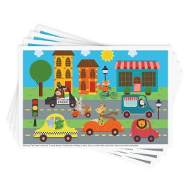 Disposable Stick-on Placemats 40 Pack for Baby & Kids, Toddler Placemats in Reusable Pouch 12 x 18 (Multicolor Animals Driving Cars)