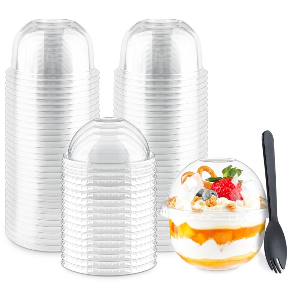 Zezzxu 50 Pack 9 oz Plastic Dessert Cups with Dome Lids (No Hole) and Sporks, Clear Disposable Fruit Cups with Lids for Yogurt Parfait Ice Creams Pudding Cakes