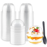 Zezzxu 50 Pack 9 oz Plastic Dessert Cups with Dome Lids (No Hole) and Sporks, Clear Disposable Fruit Cups with Lids for Yogurt Parfait Ice Creams Pudding Cakes
