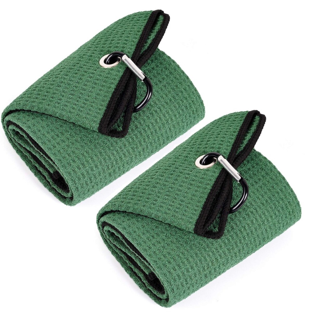 Mile High Life Tri-fold Golf Towel | 16 X 24 | Premium Microfiber Fabric | Waffle Pattern | with Heavy Duty Carabiner Clip | for Men and Women (2 Pack Green)
