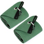 Mile High Life Tri-fold Golf Towel | 16 X 24 | Premium Microfiber Fabric | Waffle Pattern | with Heavy Duty Carabiner Clip | for Men and Women (2 Pack Green)