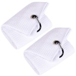 Mile High Life 2 Pack White Microfiber Tri-Fold Golf Towels with Carabiner Clip, Water Absorbent, Size 16x21