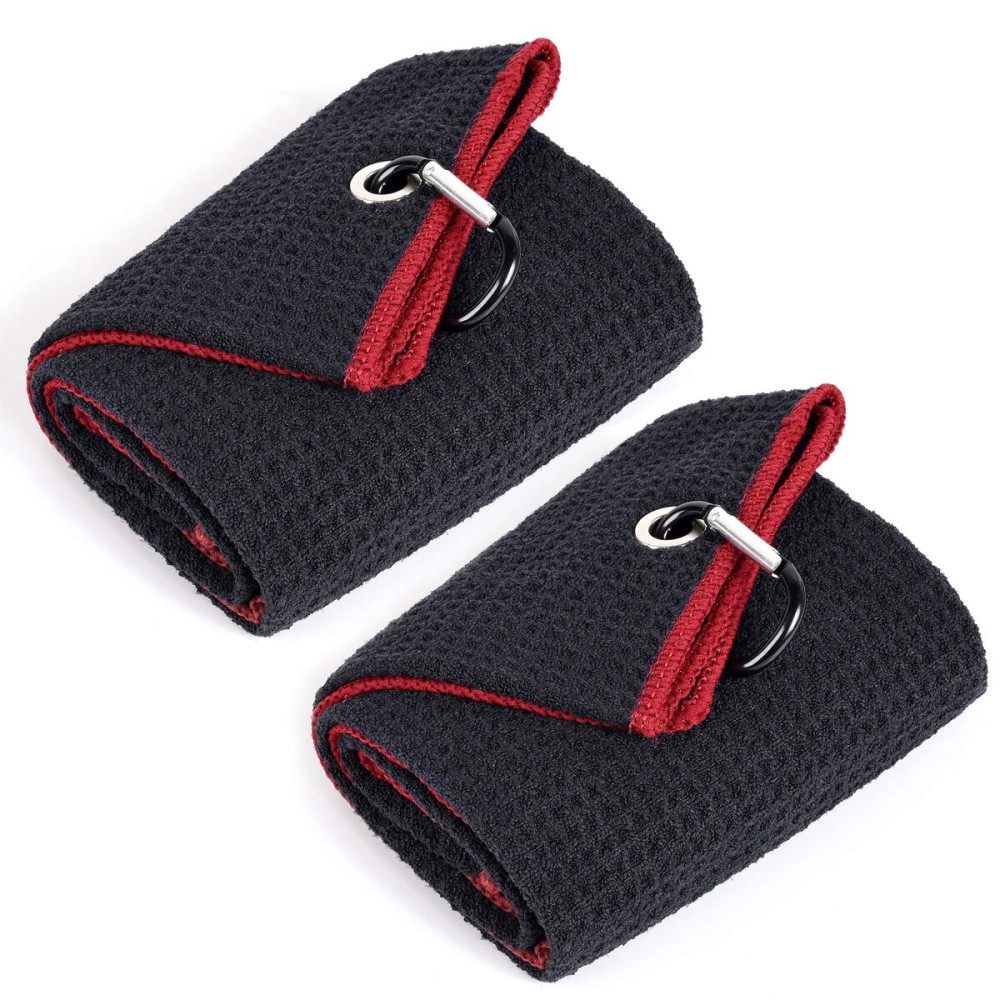 Mile High Life Tri-fold Golf Towel | 16 X 24 | Premium Microfiber Fabric | Waffle Pattern | w Heavy Duty Carabiner Clip | for Men and Women (2 Pack Black/Red)