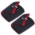 Mile High Life Tri-fold Golf Towel | 16 X 24 | Premium Microfiber Fabric | Waffle Pattern | w Heavy Duty Carabiner Clip | for Men and Women (2 Pack Black/Red)