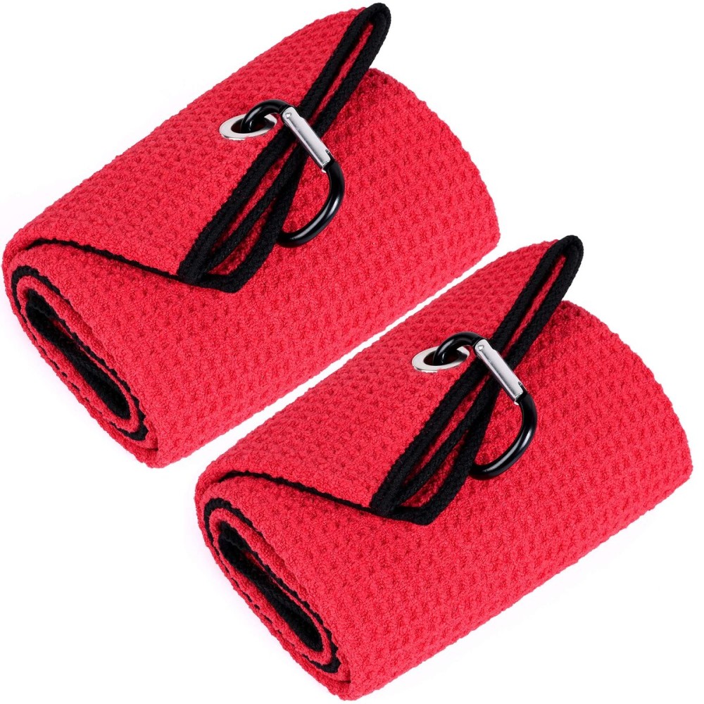 Mile High Life Tri-fold Golf Towel | 16 X 24 | Premium Microfiber Fabric | Waffle Pattern | with Heavy Duty Carabiner Clip | for Men and Women (2 Pack Red)