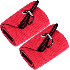 Mile High Life Tri-fold Golf Towel | 16 X 24 | Premium Microfiber Fabric | Waffle Pattern | with Heavy Duty Carabiner Clip | for Men and Women (2 Pack Red)