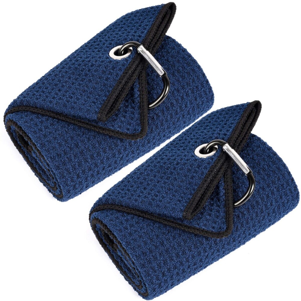 Mile High Life Tri-fold Golf Towel | 16 X 24 | Premium Microfiber Fabric | Waffle Pattern | with Heavy Duty Carabiner Clip | for Men and Women (2 Pack Navy)