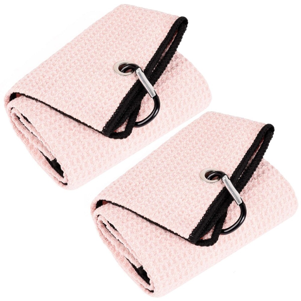 Mile High Life Tri-fold Golf Towel | 16 X 24 | Premium Microfiber Fabric | Waffle Pattern | with Heavy Duty Carabiner Clip | for Men and Women (2 Pack Pink)