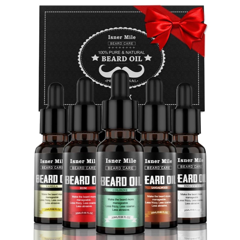 ISNER MILE Beard Oil Kit Stocking Stuffers: Gifts for Men Him Dad Boyfriend, Mustaches Conditioner - Soften - Strength with Sandalwood, Bay Rum, Vanilla, Cologne, Unscented, Beard Grooming and Care