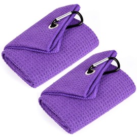 Mile High Life Tri-fold Golf Towel | 16 X 24 | Premium Microfiber Fabric | Waffle Pattern | with Heavy Duty Carabiner Clip | for Men and Women (2 Pack Purple)