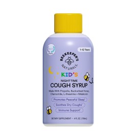 Beekeeper\'s Naturals Propolis Honey Cough Syrup Nighttime for Kids Immune Support with Propolis, Elderberry & Raw Honey - Sleep Support with Chamomile & L-Theanine - Gluten Free, 4 oz.