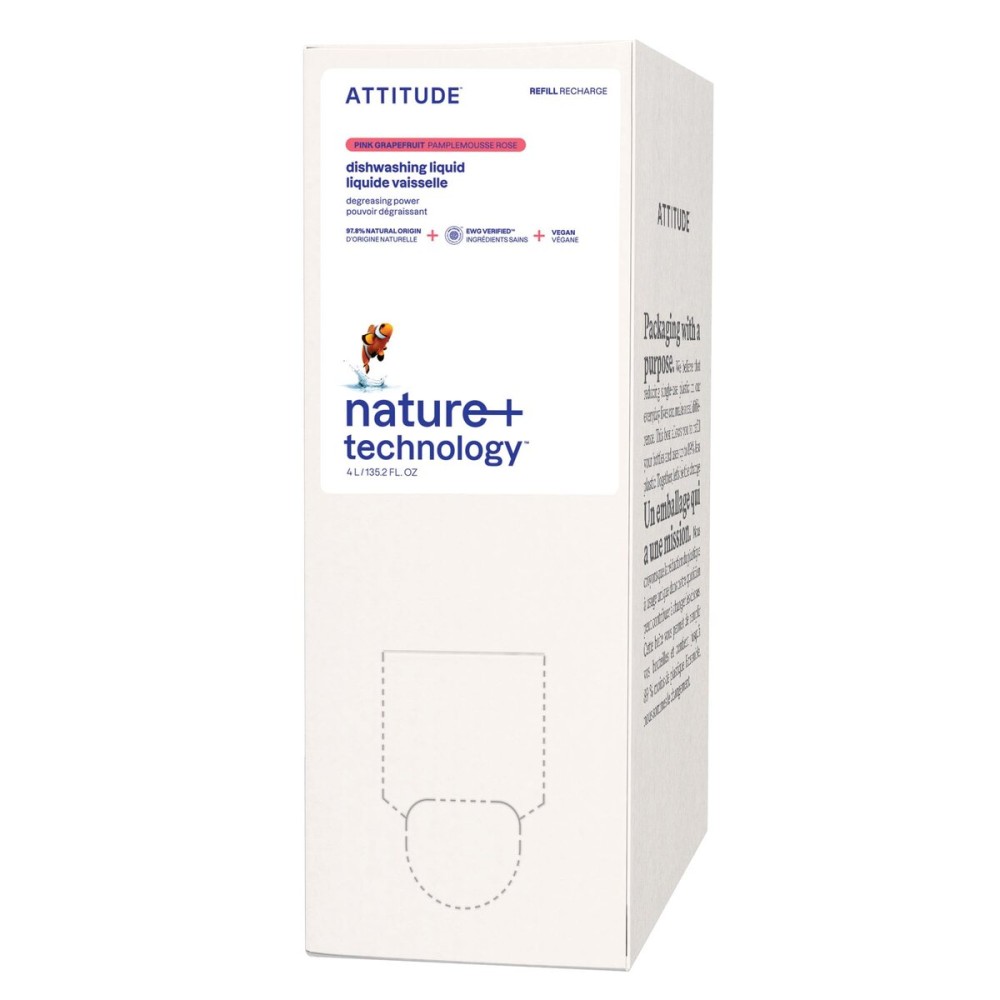 ATTITUDE Dish Soap Refill, EWG Verified, Plant-Based & Vegan Dishwashing Liquid, Naturally Derived, Pink Grapefruit, 135.3 Fl Oz