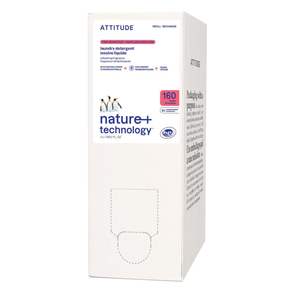 ATTITUDE Liquid Laundry Detergent Refill, EWG Verified, HE Compatible, Plant-Based & Vegan, Natural Laundry Soap, Pink Grapefruit Scent, 160 Loads, 135.26 Fl Oz