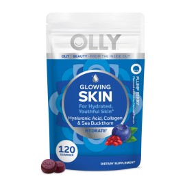 OLLY Glowing Skin Collagen Gummy, Hydrated, Youthful Skin, Hyaluronic Acid, Sea Buckthorn, Chewable Supplement, Berry, 60 Day Supply - 120 Count Pouch
