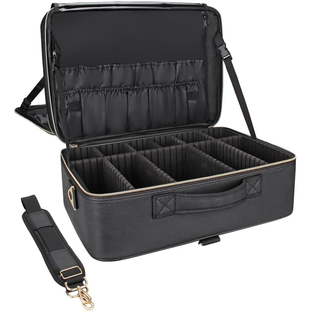 Relavel Extra Large Makeup Case Travel Makeup Bag Professional Leather Artist Bag Portable Cosmetic Brush Holder Organizer Nail Organizer Box with Adjustable Dividers