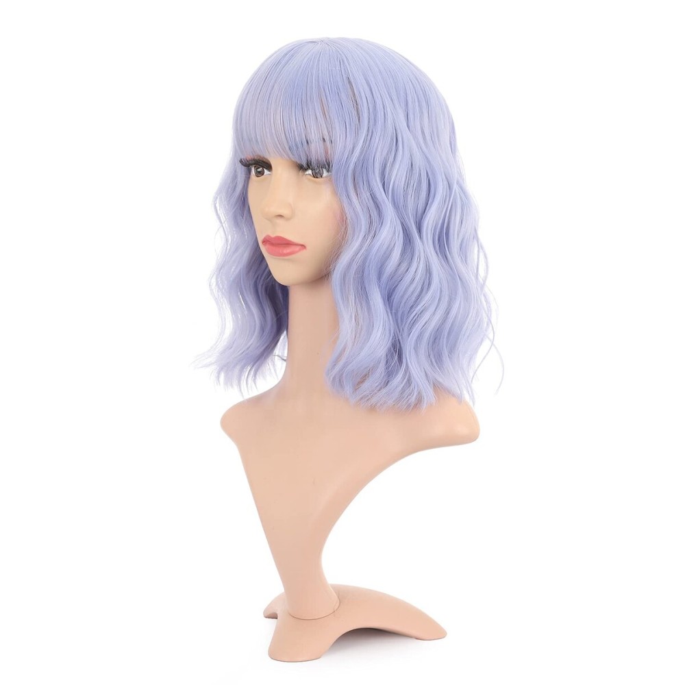 VCKOVCKO Natural Wavy Wig With Air Bangs Short Bob Grey Blue Wigs Women\'s Shoulder Length Curly Wavy Synthetic Cosplay Pastel Bob Wig for Girl (12,Grey Blue)