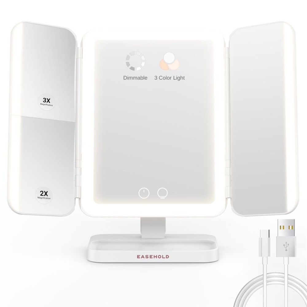 EASEHOLD Makeup Mirror with Lights, Rechargable Lighted Vanity Mirror with 116 LEDs, 1X/2X/3X Magnifying, 3-Color Mirror with LED Lights,5000 mAh Lighted Makeup Mirror, Adjustable Brightness/Angle