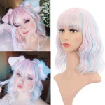 VCKOVCKO Natural Wavy Wig With Air Bangs Short Bob Piano Color Wigs Women\'s Shoulder Length Curly Wavy Synthetic Cosplay Pastel Bob Wig for Girl(12,Pink & Sky Blue Mixed)