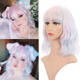 VCKOVCKO Natural Wavy Wig With Air Bangs Short Bob Piano Color Wigs Women\'s Shoulder Length Curly Wavy Synthetic Cosplay Pastel Bob Wig for Girl(12,Pink & Sky Blue Mixed)