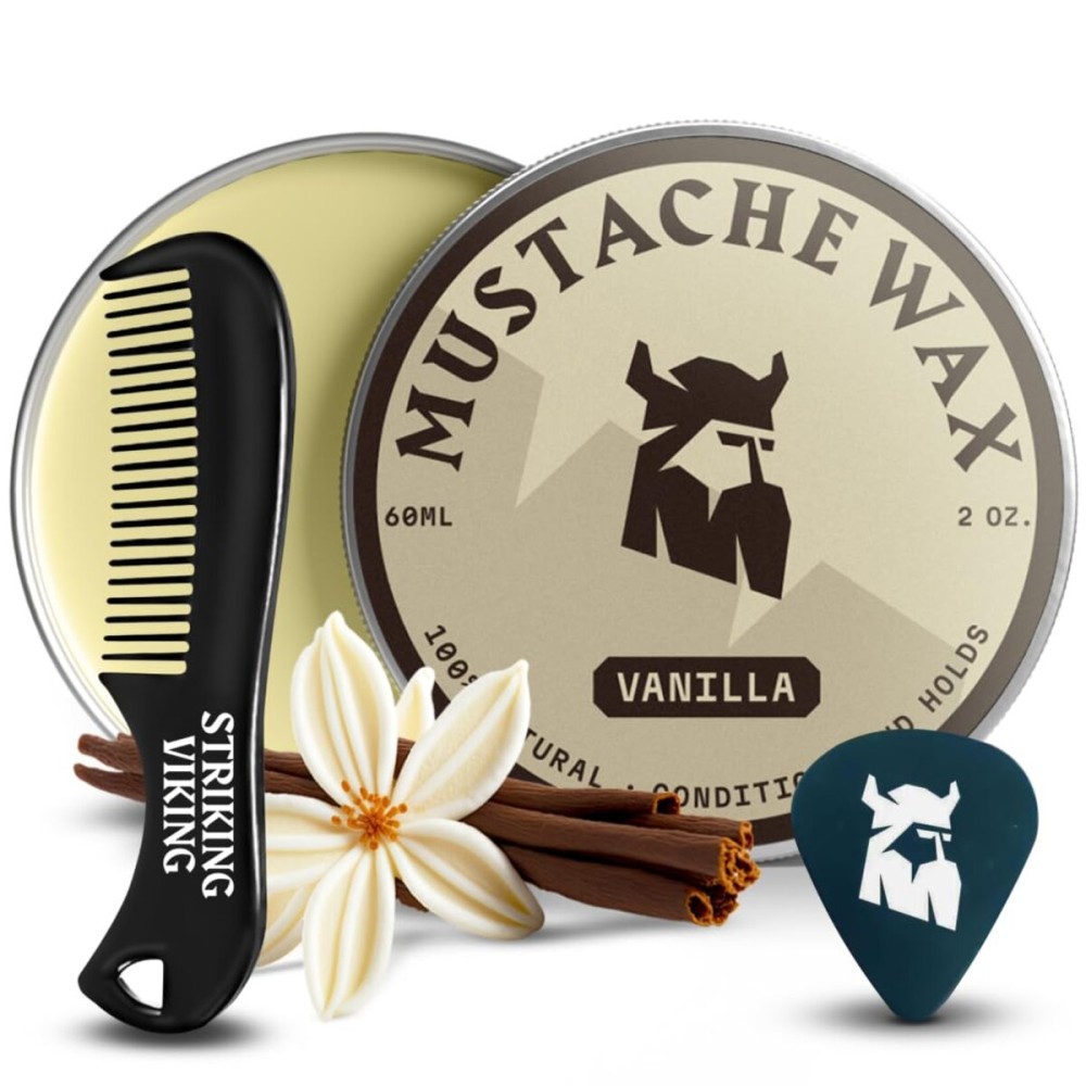 Striking Viking Mustache Wax Kit with Comb - 2 oz, Vanilla - Strong Hold Vanilla Mustache Wax & Anti-Static Comb for Precise Grooming - Non-Greasy Formula for Easy Beard Care