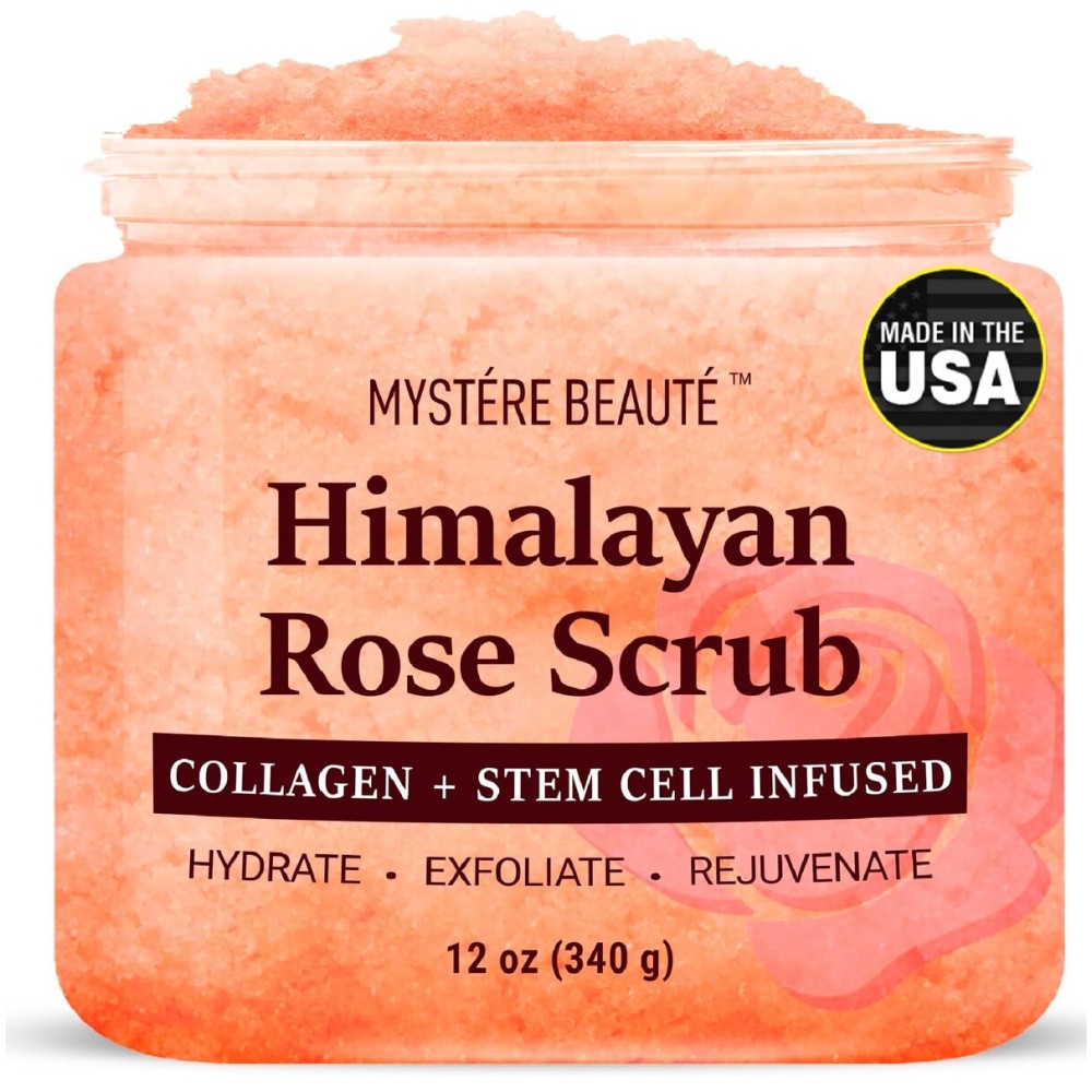 MYSTRE BEAUT Himalayan Salt Body Scrub 12 oz - with Collagen and Stem Cells - Exfoliating Salt Scrub for Cellulite - Deep Cleansing for Acne, Scars, Wrinkles - Moisturizes Skin