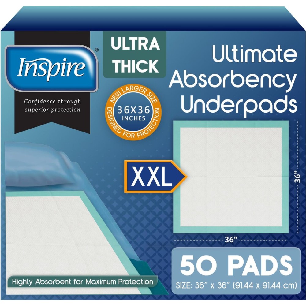 Inspire Extra Large Super Absorbent Disposable Bed Pads for Chronic Incontinence Ultra Thick and Absorbent Bed Pads Disposable Adult | Pee Pads for Adults (36 X 36 Pack of 50)