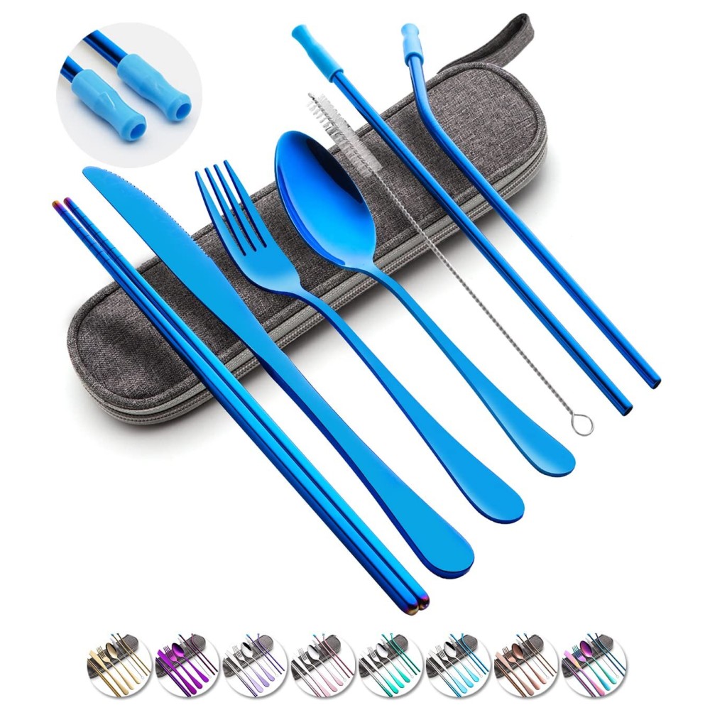 Travel Utensils Set with Case Reusable Portable Cutlery Set Stainless Steel 8pcs Including Dinner Knife Fork Spoon Chopsticks straws(Blue)