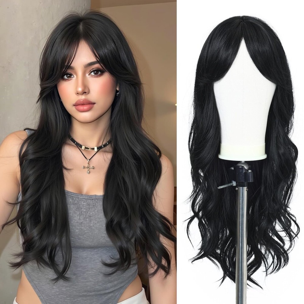 Esmee 24 Inches Ombre Brown to Gray Wigs for Women atural Synthetic Hair Heat Resistant Long Wavy Wigs with Fringe for Daily Party Cosplay Wear