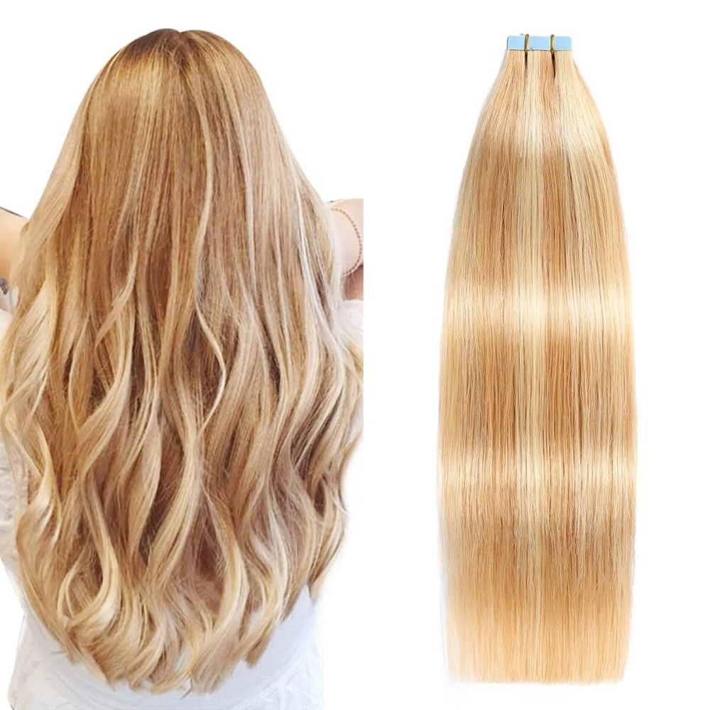 SUYYA Tape in Hair Extensions Human Hair Strawberry Blonde to Light Blonde Remy Hair 22 inches 20pcs 50g/pack Straight Seamless Skin Weft Tape in Human Hair Extensions Piano Color(22 inch P27/24B)