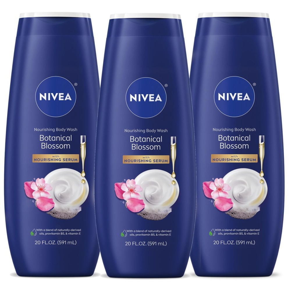 NIVEA Nourishing Botanical Blossom Body Wash with Nourishing Serum, Moisturizing Body Wash for Women, Enriched with Provitamin B5 and Vitamin E, 20 Fl Oz Bottle, 3 Pack