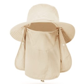 Fishing Hat for Men & Women, Outdoor UV Sun Protection Wide Brim Hat with Face Cover & Neck Flap (Beige)