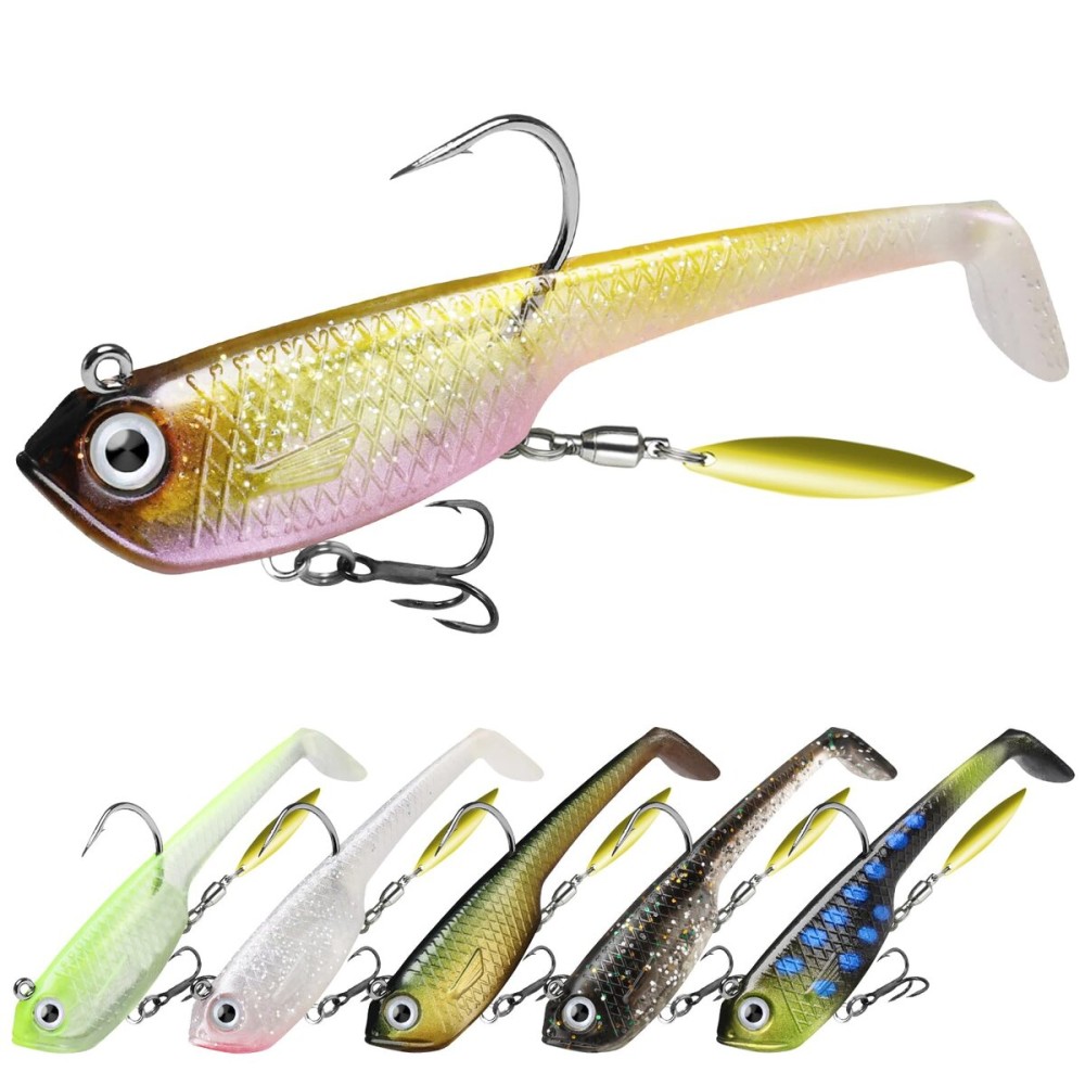 TRUSCEND Fishing Jigs Lures with Handmade Lead Heads Paddle Tail Spinner Baits for Bass Trout Walleye Musky Soft Plastic Fishing Lures