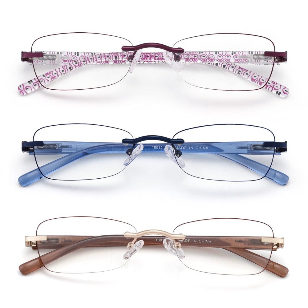 LOVIVY 3 Pack Rimless Reading Glasses for Women Blue Light Blocking Readers Tinted Edge Spring Hinge Pattern Print Arm Eyeglasses Mix 3.25