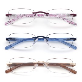 LOVIVY 3 Pack Rimless Reading Glasses for Women Blue Light Blocking Readers Tinted Edge Spring Hinge Pattern Print Arm Eyeglasses Mix 2.00