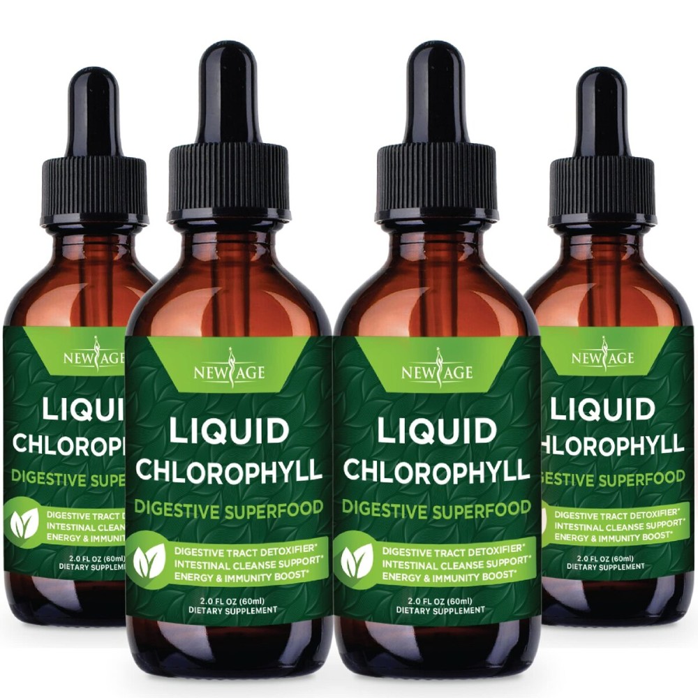 NEW AGE Chlorophyll Liquid Drops - Natural Concentrate - Energy Booster, Digestion and Immune System Supports, Internal Deodorant, Liver Function - (2 Fl Oz (Pack of 4))