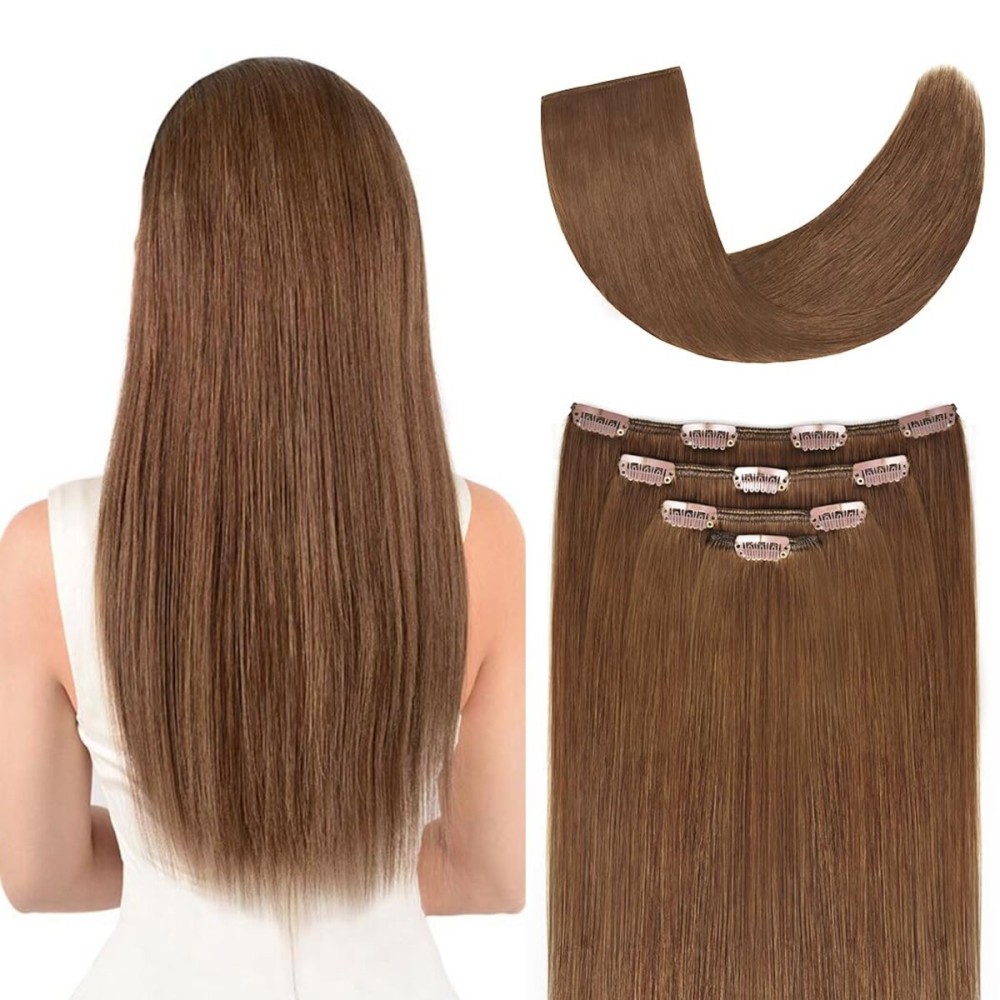 14 Hair Extensions clip in Human Hair for Women - Silky Straight Remy Hairpieces Clip on 50grams 4pieces Ash Brown Color