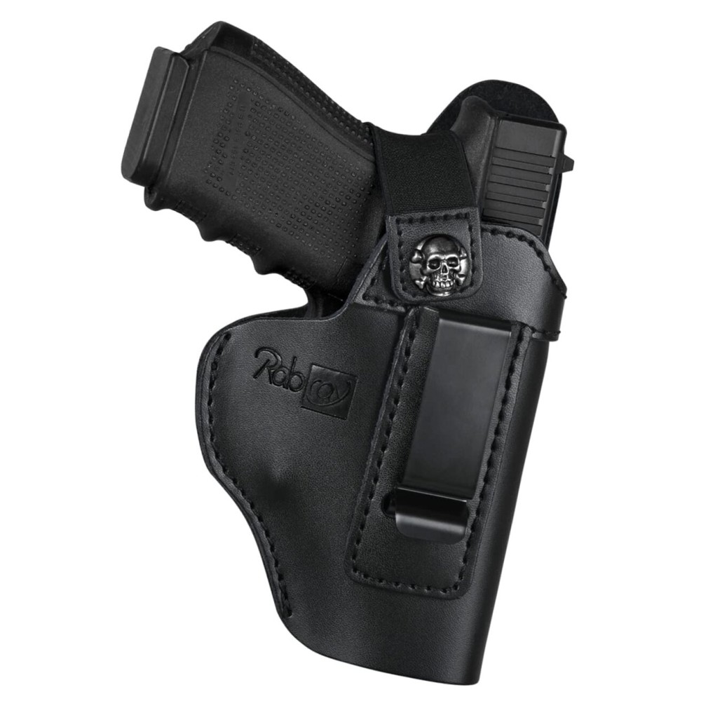 IWB Leather Holster with Retention Strap Compatible with Glock 19 43 43X Ruger LC9S Taurus G3X/G2C/G3C/G3/G2 P365/P320/P220 Springfield Hellcat S&W M&P Shield and Similar Sized Guns