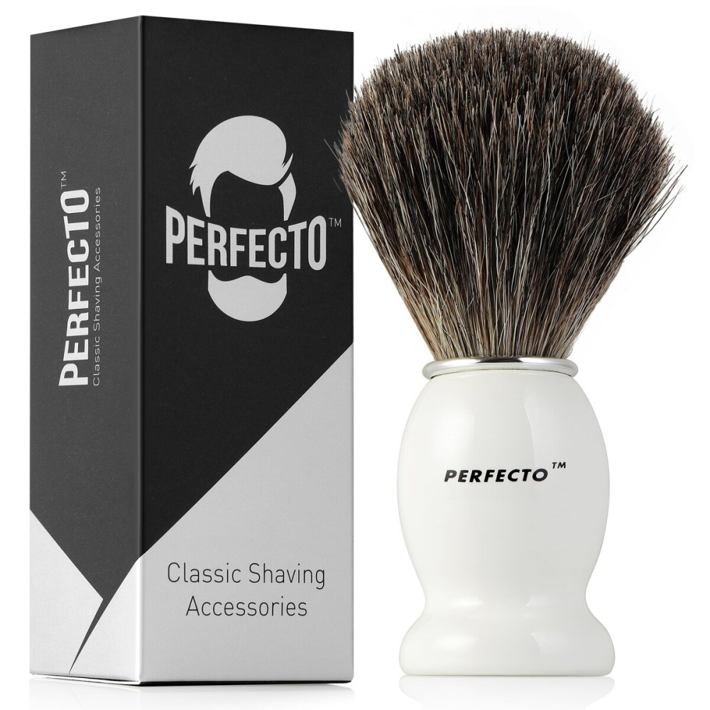 Perfecto 100% Pure Badger Shaving Brush-White Handle, Gift for Dad, Engineered for the Best Shave of Your Life. For Fathers Day Gift, Safety Razor, Double Edge Razor, Straight Razor, Shaving Razor