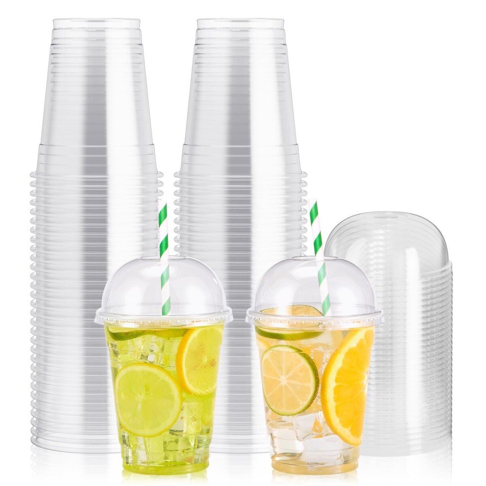 100 PACK 12 oz Clear Plastic Cups with Dome Lids, Disposable Dessert Parfait Cups for Ice Cream, Iced Cold Coffee Drinks, Cupcake, Fruit for Party