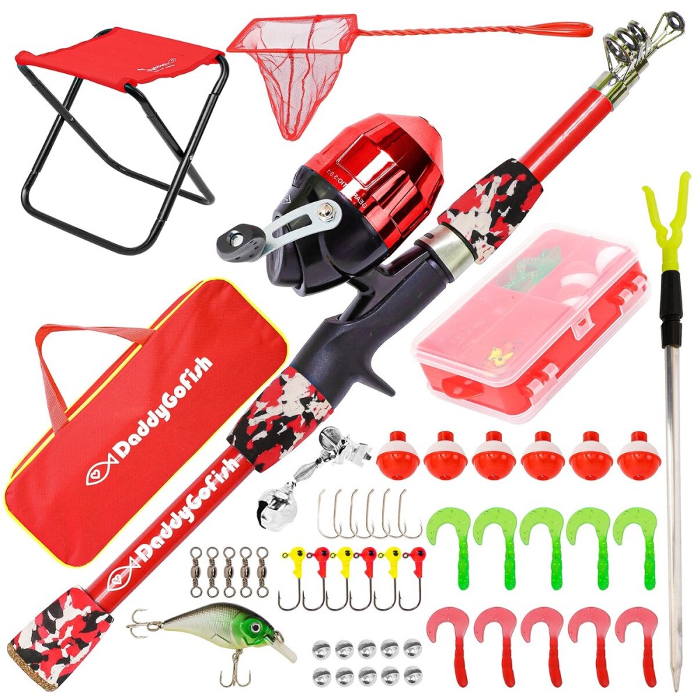 DaddyGoFish Kids Fishing Pole - Rod Reel Combo Tackle Box Starter Set - First Year Small Dock Gear Kit for Boys Girls Toddler Youth Age Beginner Little Children Junior Anglers (Red, 5ft)