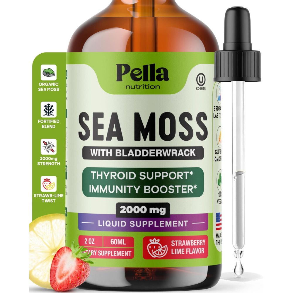 Pella Nutrition Sea Moss Drops with Bladderwrack - 4X Faster Absorption Than Irish Sea Moss Gel Superfood, Gummies, and Capsules - Digestive & Immune Support Supplement (Strawberry Lime, 60mL)