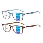 BONCAMOR 2 Pack Progressive Multifocus Reading Glasses Men and Women Computer Blue Light Blocking Anti Eyestrain Readers (Blue Brown, 3.50)