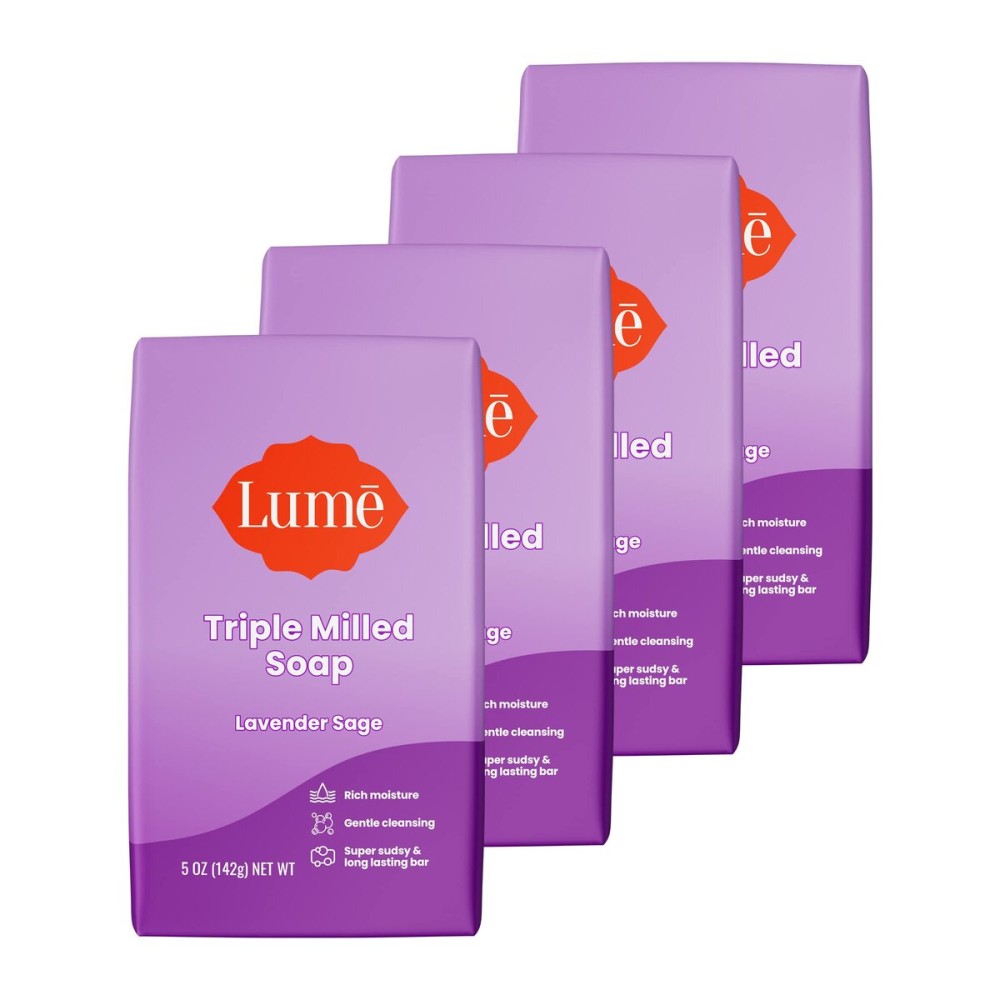 Lume Triple Milled Bar Soap - Rich Moisture & Gentle Cleansing - Paraben Free, Phthalate Free, Skin Safe - 5 ounce (Pack of 4) (Lavender Sage)