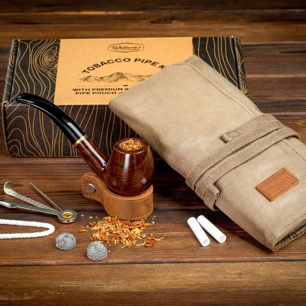 Whitluck\'s Tobacco Pipe with Waxed Canvas Pipe Roll, Handmade Wood Smoking Pipe with Ultimate Beginner Guide E-Book, Travel Tobacco Pouch - Smoking Gift Set and Accessories
