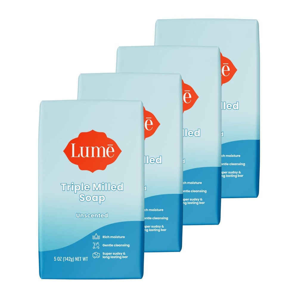 Lume Triple Milled Bar Soap - Rich Moisture & Gentle Cleansing - Paraben Free, Phthalate Free, Skin Safe - 5 ounce (Pack of 4) (Unscented)
