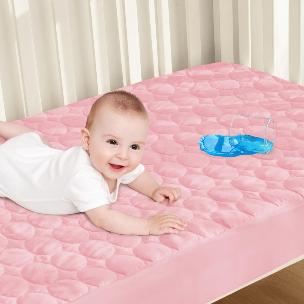 Biloban Crib Mattress Protector Pad Waterproof, Toddler Waterproof Crib Mattress Cover, Machine Washable & Dryer Fit Baby Toddler Bed Mattress Protector (Standard Size 52 x 28), Pink