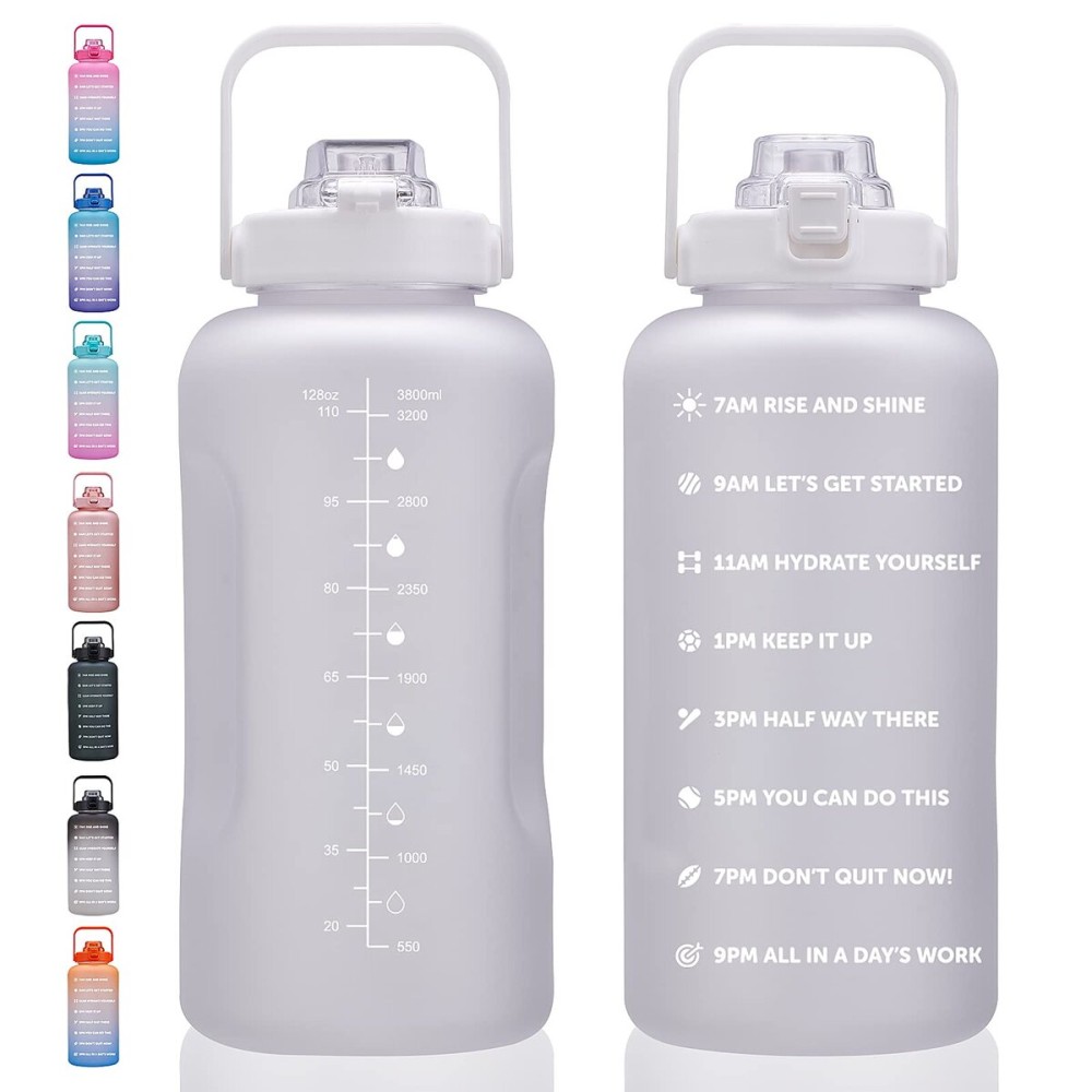 ST-YIBEN 128oz Large Motivational Water Bottle with Time Marker,Leakproof & BPA Free 1/One Gallon Big White Water Bottle with Straw & Handle Tritan Water Jug for Women Men to Fitness,Gym,Sports