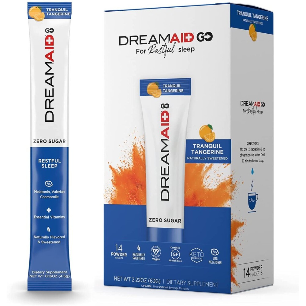 Sleep Aid Drink Mix, DreamAid, Melatonin, Chamomile - Helps Adults Fall Asleep Faster, Sleep Longer and Wake up Feeling Rejuvenated, Zero Sugar & Keto Friendly, 14 Servings (Pack of 1)