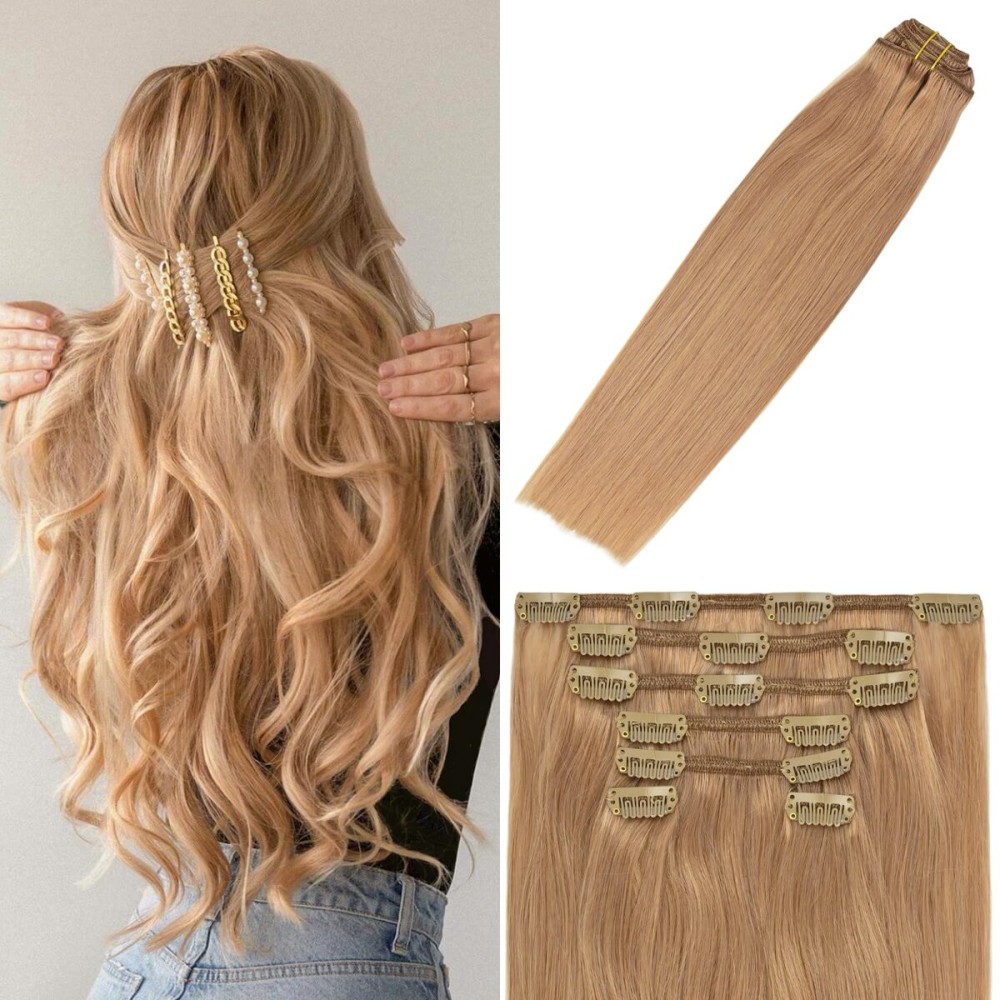 WindTouch Clip In Hair Extensions Real Human Hair Blonde Clip in Hair Extensions 18Inch 7pcs 75g 12 Reddish Blonde Extensions Real Human Hair